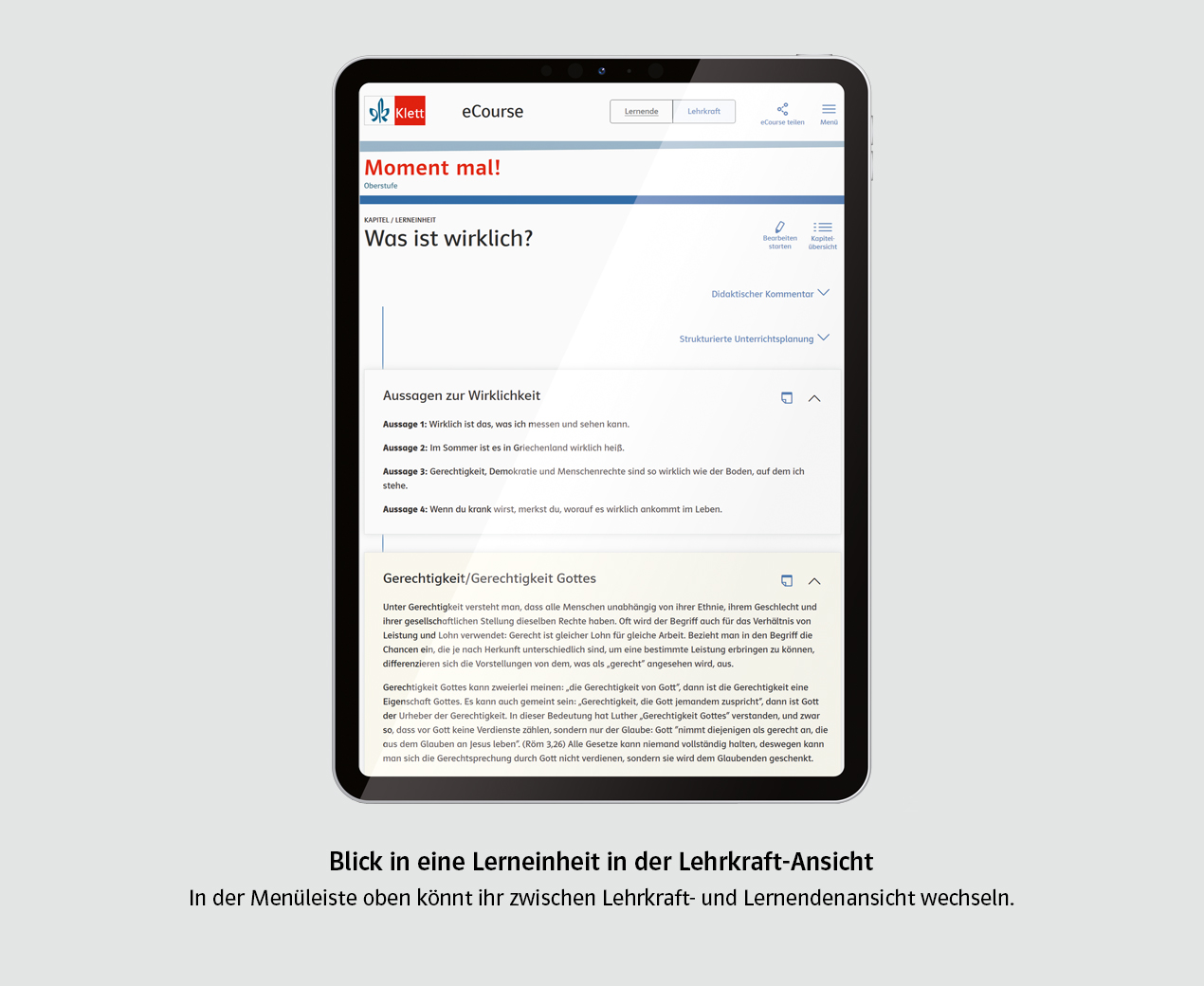 Moment mal! eCourse Lehrkräfteansicht
