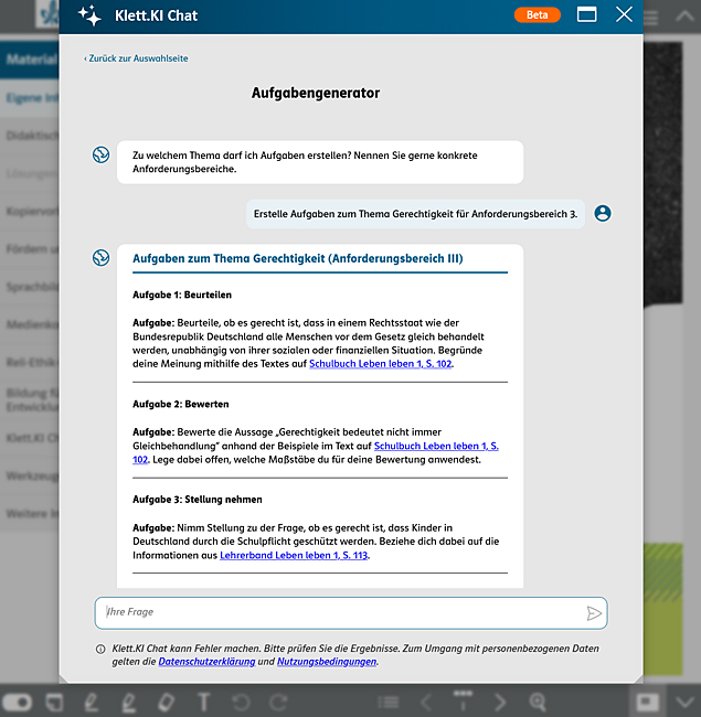 Screenshot mit einem Beispiel aus dem Aufgabengenerator